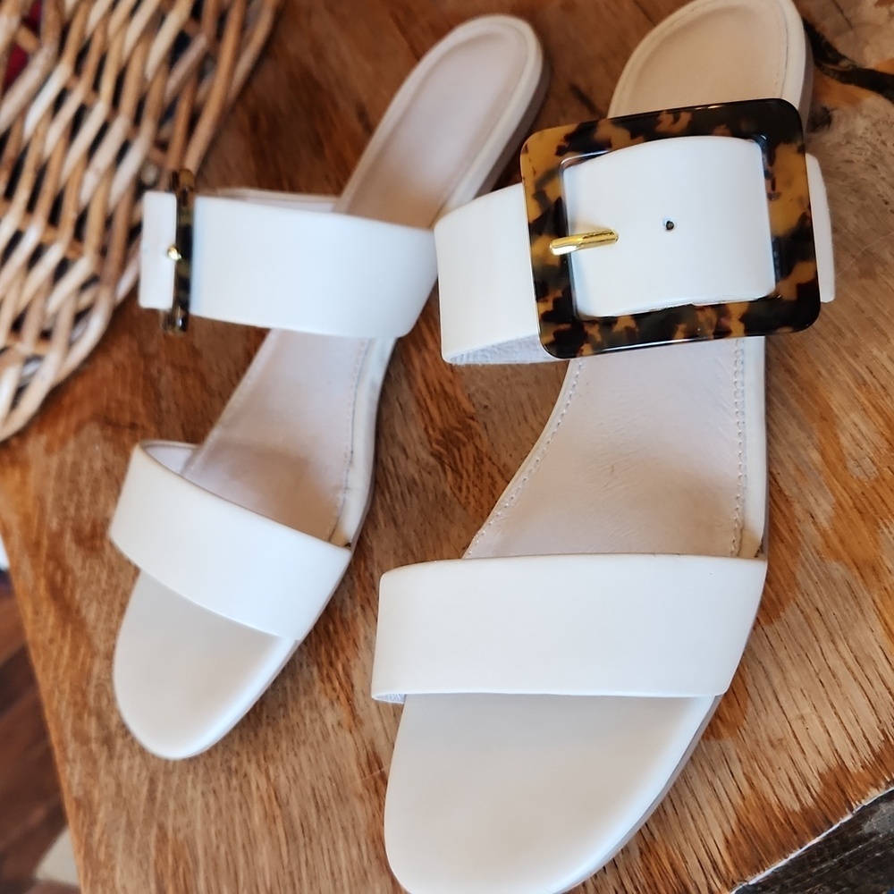 Sanctuary Sandals Leather Slides cream tortoise buckle sz 8.5 Shimmy Low‎ - Picture 3 of 13